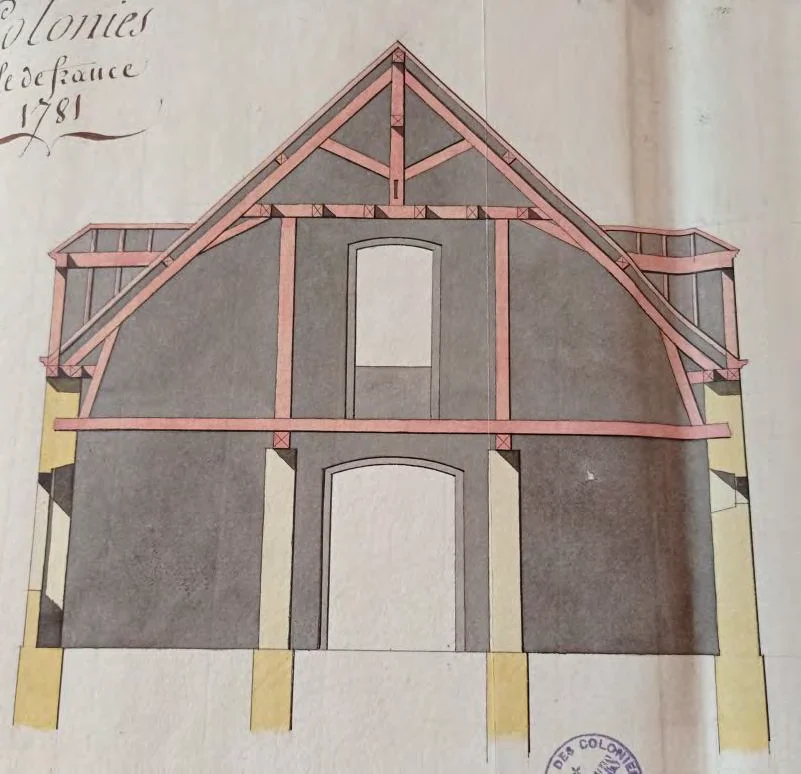 Profil et élévation aquarellés d'un bâtiment de la fortification française de la Pointe aux Canonniers, 1781